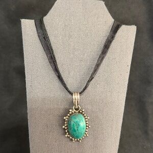 Vintage Silver Turquoise pendant with waxed & ribbon necklace with bag
